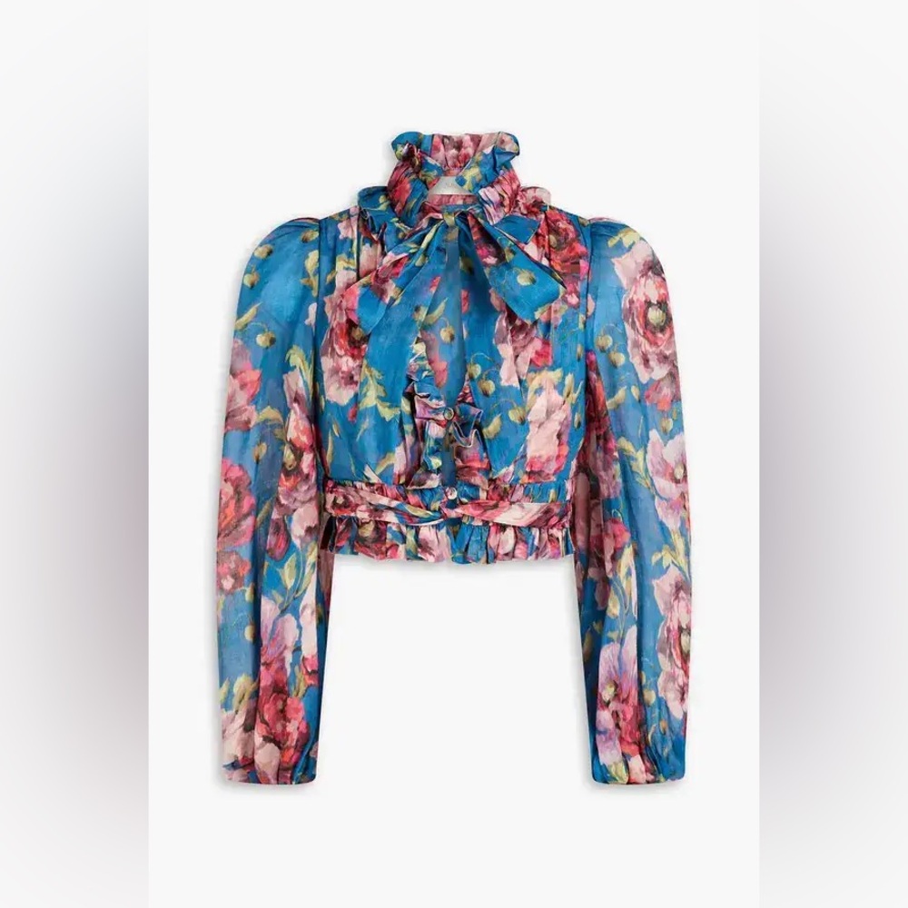 ZIMMERMANN Teal & Pink Floral-Print Cropped Ramie Blouse | Size 0 - Picture 3 of 8